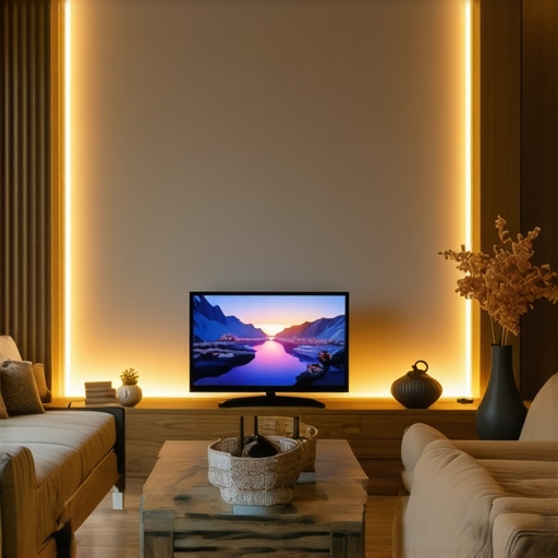 Ideal Mini LED TV Setup with Ambient Light Living room setup with a Mini LED TV and bias lighting for enhanced picture quality