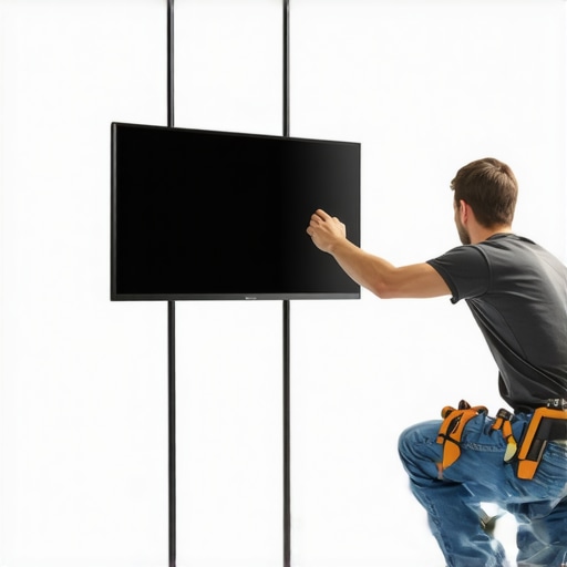 Person securing TV mount brackets to metal studs with a level and drill.