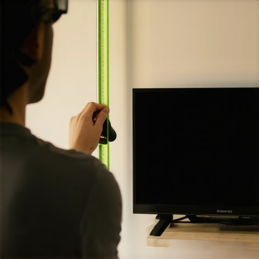 Leveling a Wall-Mounted TV with a Spirit Level Person using a spirit level to check the levelness of a wall-mounted TV in a living room.