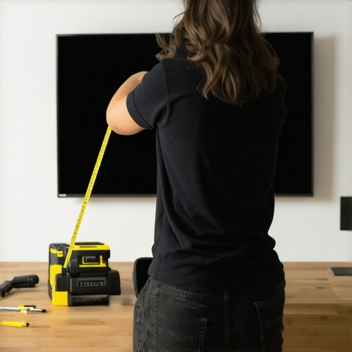 Person measuring wall height for TV installation with a tape measure and level