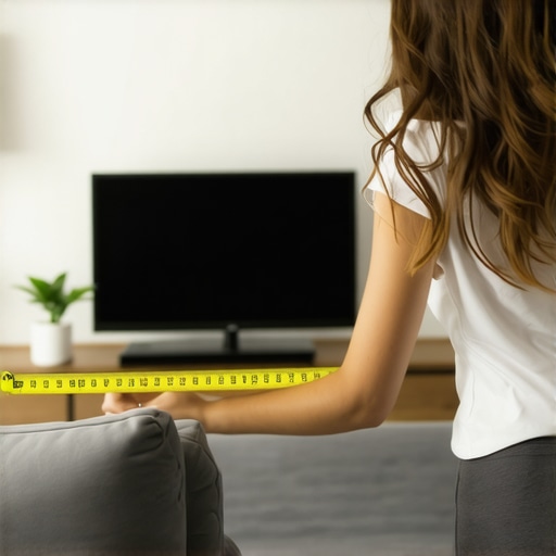 Measuring your TV viewing distance Person measuring distance between sofa and TV in a contemporary living room.