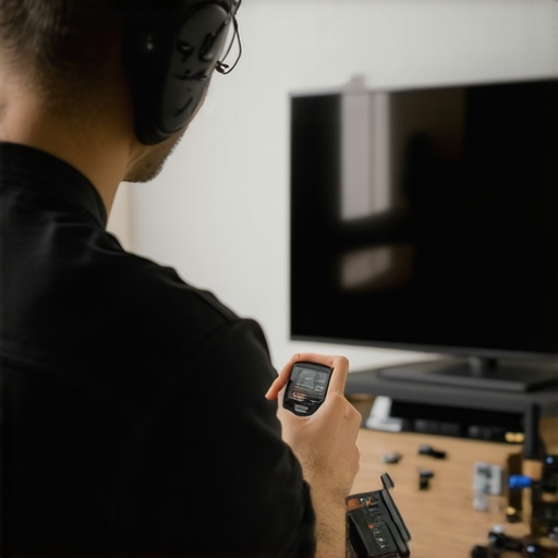Technician adjusting settings on a Mini LED TV to reduce blooming and glow.