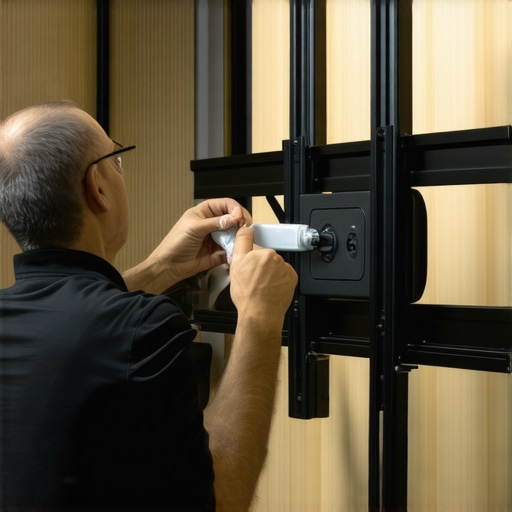 Mount maintenance in action Technician lubricating a TV wall mount's moving parts for noise reduction.