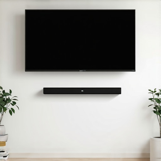 Living room with wall-mounted TV, soundbar below, and concealed cables for improved sound quality.
