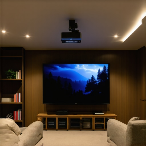 Organized and Well-Maintained Home Theater Setup A sleek, organized home theater with mounted OLED TV and projector, showcasing proper maintenance.