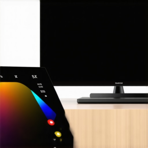 Person calibrating an OLED TV using specialized tools, with colorful graphs on the screen.