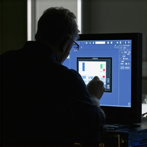 Technician adjusting a mini LED TV with calibration equipment in a dark room.