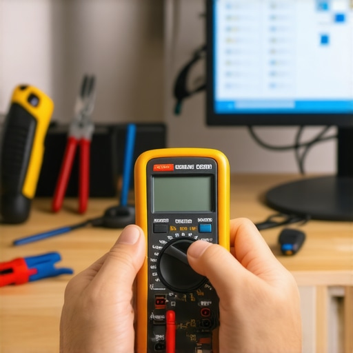 Professional Troubleshooting with Tools Person testing electrical connections on TV mount with multimeter in home setup