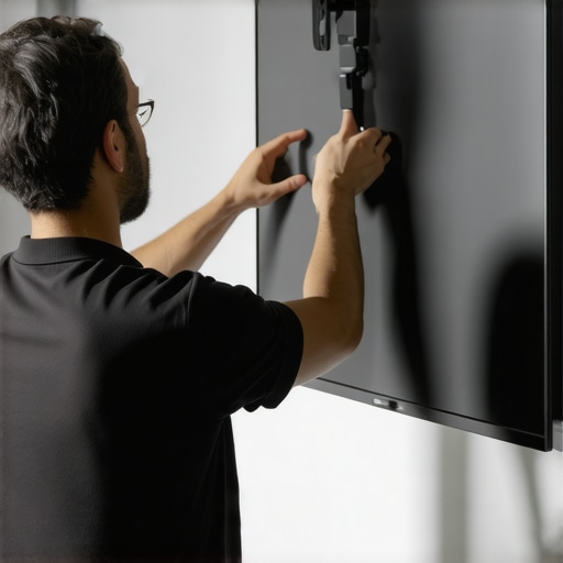 Proper OLED Wall Mount Installation Technician carefully installing a large OLED TV on a wall mount, emphasizing stability and precision.