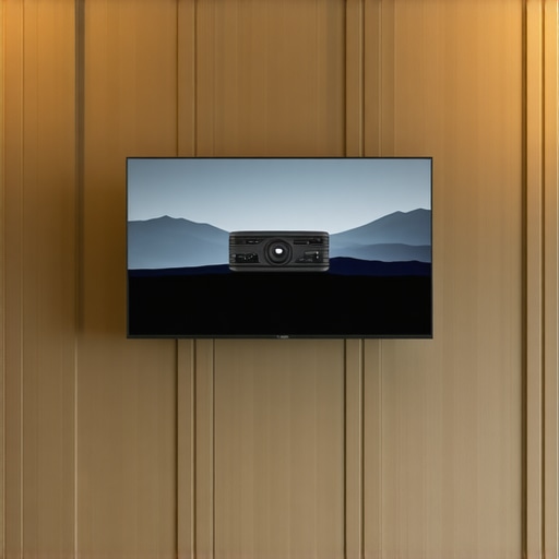 An 8K projector securely mounted on an adjustable wall bracket in a sleek home theater.
