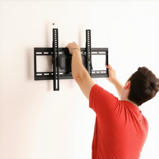 Person aligning and securing a wall mount for a TV to ensure level placement.
