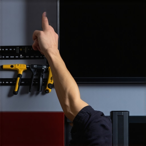 Person installing a TV on the wall with protective padding and precise tools
