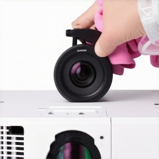 Proper projector lens cleaning technique Individual gently wiping a projector lens with microfiber cloth and lens cleaner.