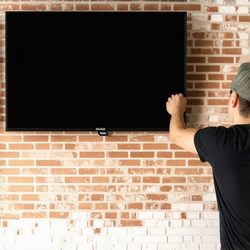 Person installing heavy OLED TV on brick wall with anchors and tools
