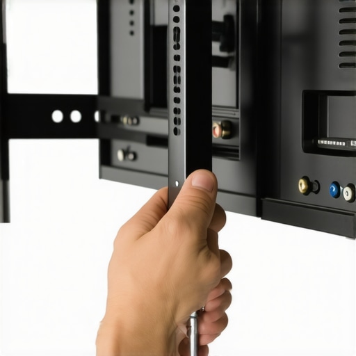 Person tightening screws on a TV wall mount with a screwdriver.