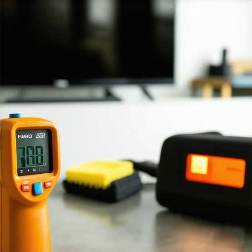 Set of tools including infrared thermometer, microfiber cloth, and laser level used for maintaining high-end home display screens.