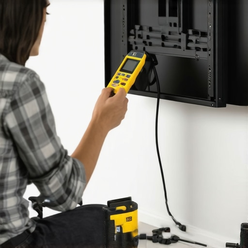 Using a Digital Level for Precise TV Mounting Person aligning a TV mount on a wall with a digital level