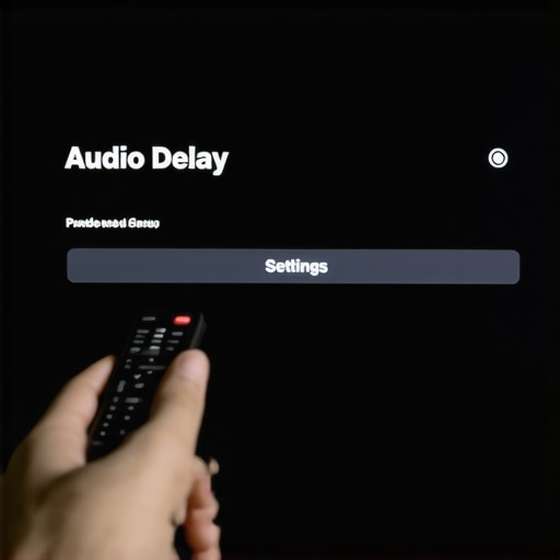 A person using a remote control to adjust the lip-sync and audio delay settings on a television screen.