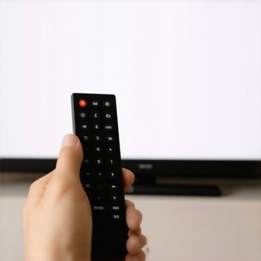 A hand holding a remote control to adjust color settings on a television screen.