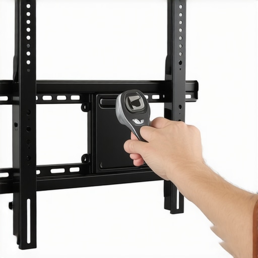 A hand tightening a bolt on a full-motion TV wall mount with a wrench