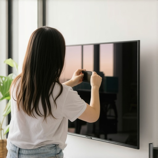 A hand tilting a wall-mounted TV downward to redirect sunlight reflections toward the floor.