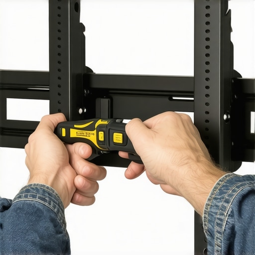 Adjusting TV Wall Mount Tension A person tightening the tension bolts on an articulating TV wall mount for safety maintenance.