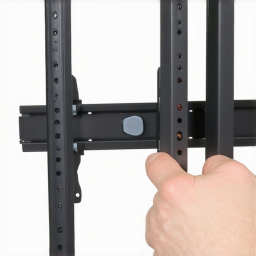 Adjusting TV mount tension for noise reduction A hand adjusting a TV wall mount bracket to reduce vibration and hum noise.