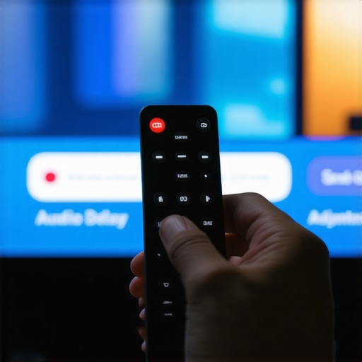 Adjusting the Audio Delay Slider on a TV Menu A hand adjusting the audio lip-sync delay setting on a television screen using a remote control.