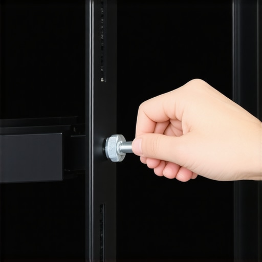 Adjusting the roll tension on a swivel TV mount Hand tightening a bolt on a TV wall mount with a hex key for leveling.