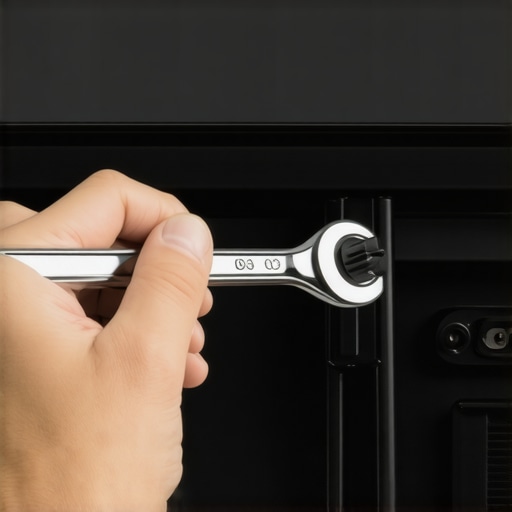 A hand using a wrench to tighten a TV wall mount bracket to prevent sagging.