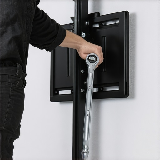 A person using a socket wrench to tighten the bolts on a professional TV wall mount for a large home display.