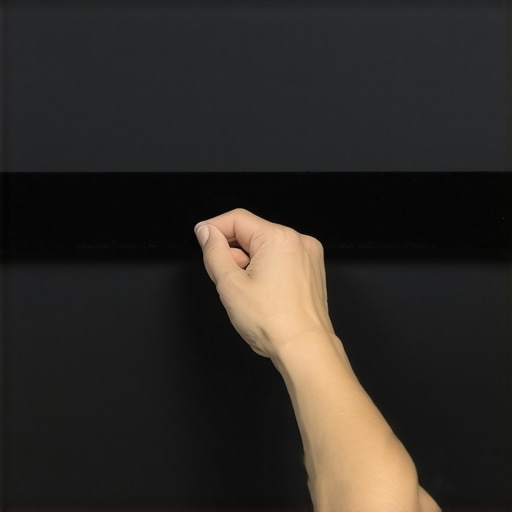 Close up of the installation of an adhesive-backed black velvet border on a home theater screen to eliminate light spill.