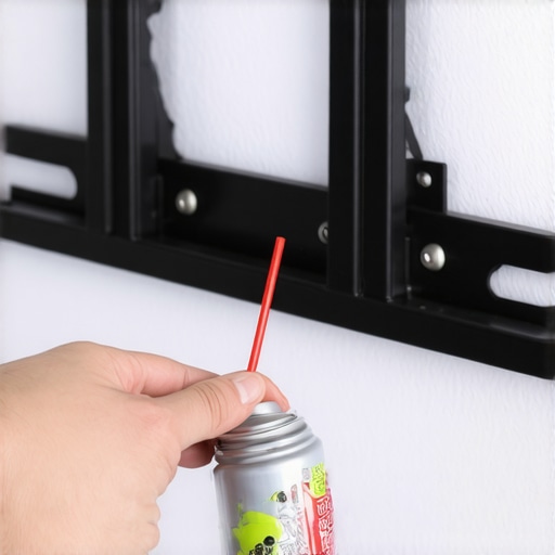 A person lubricates the pivot point of a squeaky TV wall mount using a precision spray straw.