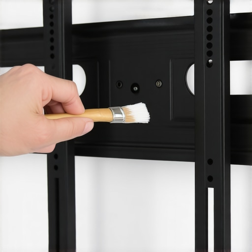 Hand applying white lithium grease to a squeaky TV wall mount pivot point with a brush.