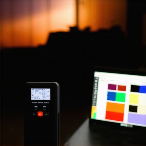 Professional calibration tool being used on an OLED TV screen.