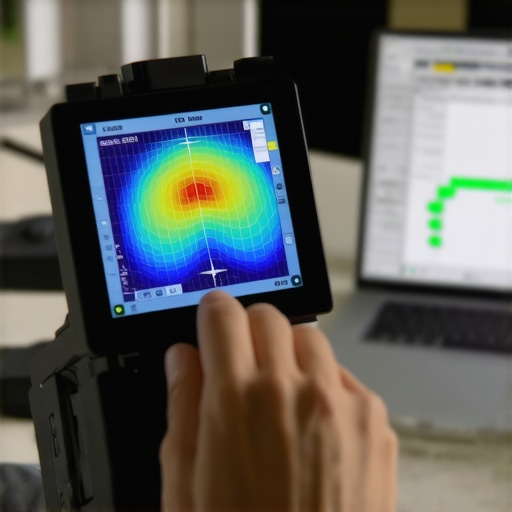 A professional colorimeter being used to adjust the color accuracy of a wall-mounted OLED TV.