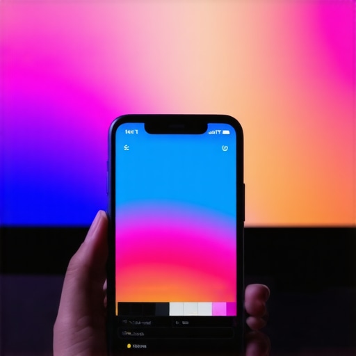 Calibrating a TV with a Smartphone A person using a smartphone to calibrate the color and brightness settings of a high-end OLED TV.