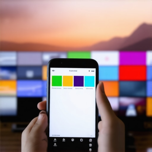 Calibrating an OLED TV with a Smartphone Hand holding a smartphone to calibrate a wall-mounted OLED television.