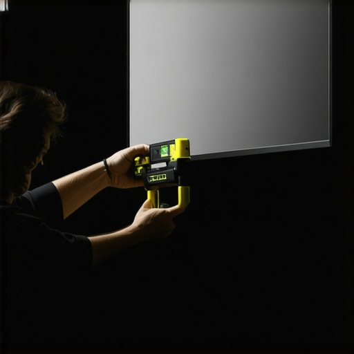 A person using a spirit level on top of a wall-mounted TV to ensure it is level.