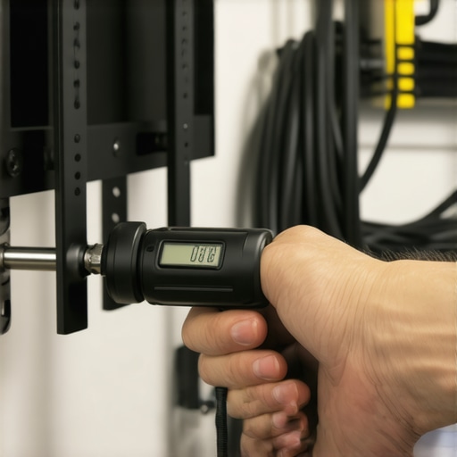Close-up of a digital torque wrench maintaining a professional TV wall mount installation.
