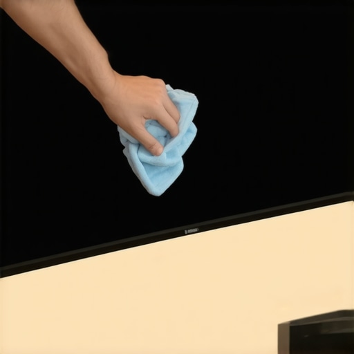 Close up of a person using a microfiber cloth to clean a high-end television display.
