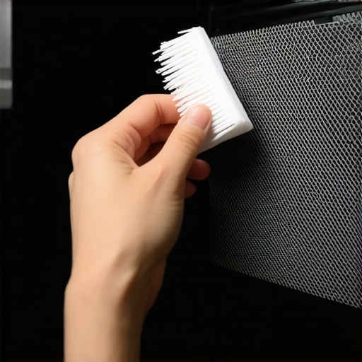 Cleaning a Projector Air Filter Technician using a soft brush to remove dust from a projector mesh filter
