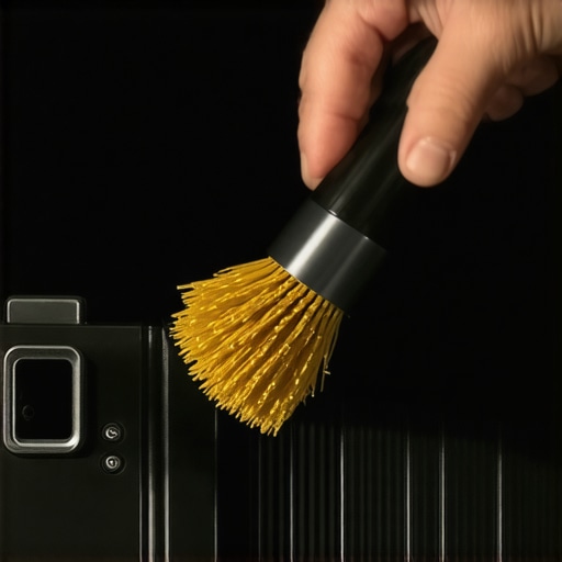Cleaning a projector intake with a vacuum Close-up of a person vacuuming dust from a projector vent to reduce fan noise.
