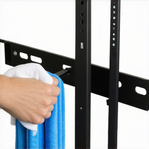 A person degreasing a metal TV pole mount with a cloth to prevent the screen from sliding.