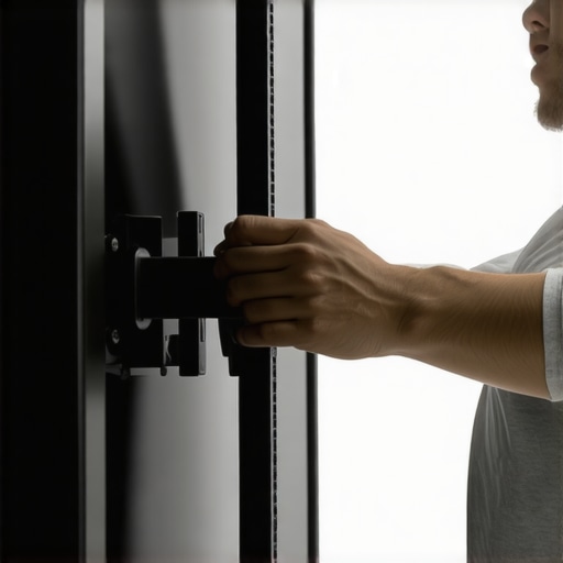 Hands adjusting the metal arm of a TV mount to avoid panel damage