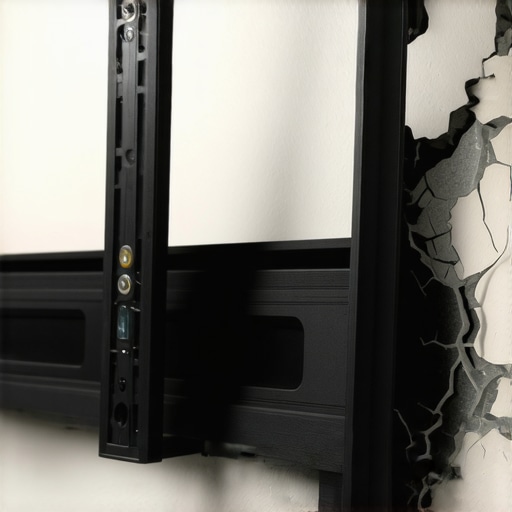 Close-up of a failing TV wall mount anchor and cracked drywall