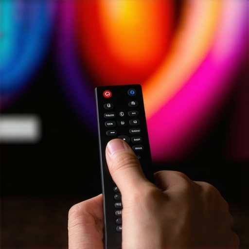 Disabling Eco Mode on a High-End TV A person using a remote to turn off energy saving settings on a bright 8K television.