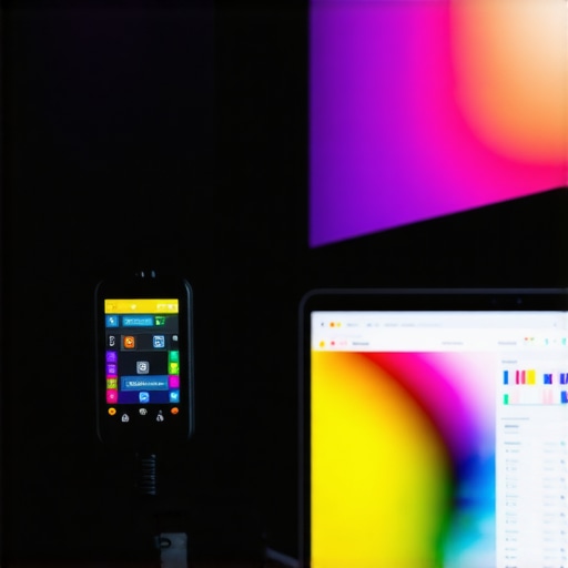 Display Calibration with Colorimeter Professional colorimeter tool performing a color calibration on an OLED TV screen.