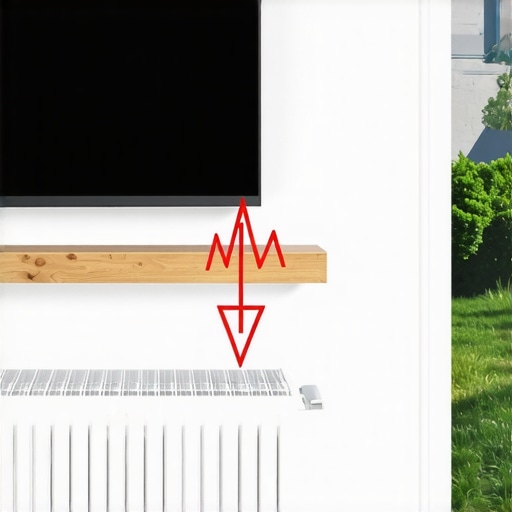 Diagram showing a floating shelf acting as a heat shield for a wall-mounted TV above a radiator.