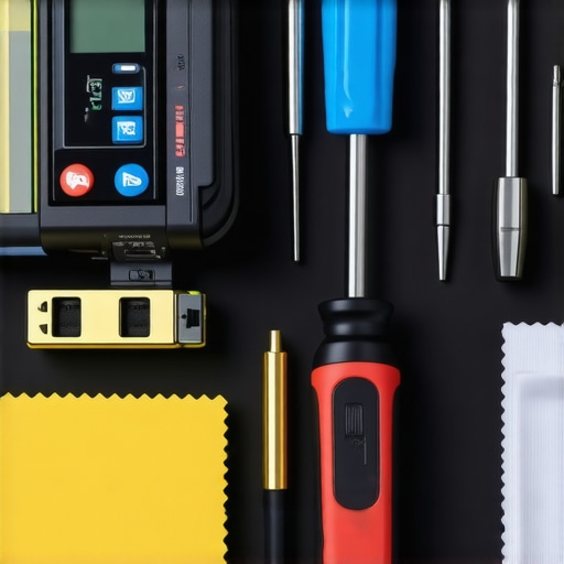 Essential Home Theater Maintenance Tools A collection of tools including a digital level and precision screwdrivers for maintaining high-end home displays.